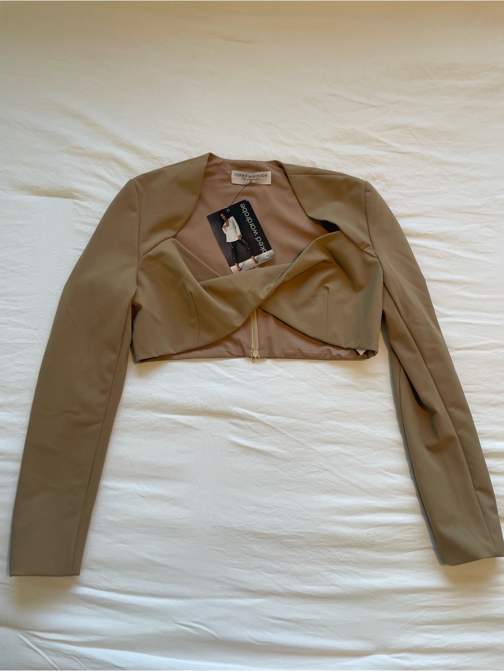 naked wardrobe Taupe Cropped Twist-Front Long Sleeve Jacket